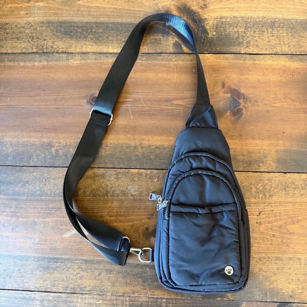 Bearpaw Dome Sling Crossbody Black Multi Zip Nylon Adjustable Strap Travel Purse